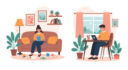 Fototapeta premium Two flat illustrations showing indoor activities with a woman knitting on a couch and a man working at a home office desk.
