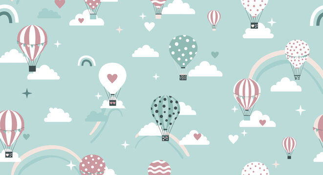 Seamless pattern with cute hot air balloons floating among white clouds and rainbows on a soft mint green background.