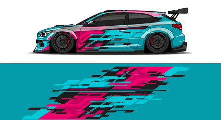 Vibrant turquoise and pink racecar with dynamic reflection on the track and sleek design. © AhzaArdiansyah