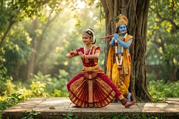 Obraz premium Indian Classical Dancer with Krishna in Nature Scene