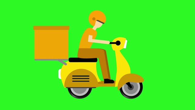 Flat style animation of a delivery courier in a yellow helmet riding a scooter with a cargo box on a green screen.