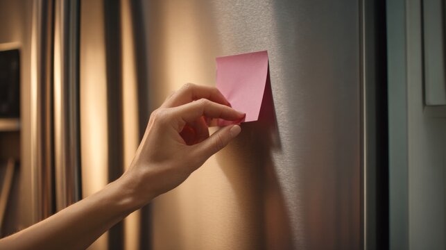 Hand gently places pink sticky note on fridge door
