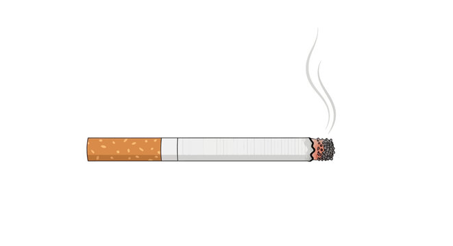 A cigarette with smoke on white background.