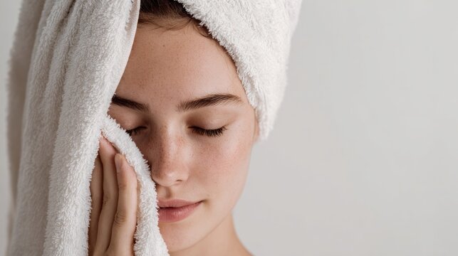 Soft towel wraps her hair