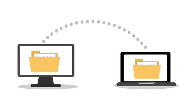 Flat animation showing documents transfer moving from a desktop computer to a laptop over a white background.