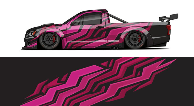 Vibrant pink race car with stylized zigzag graphics and spoiler, a dynamic automotive illustration.