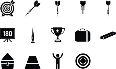 Naklejka premium Set of black dart game icons including targets arrows trophy and winner achievement symbols