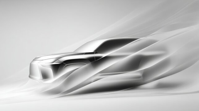 Streamlined car glides through ethereal, motion-filled waves