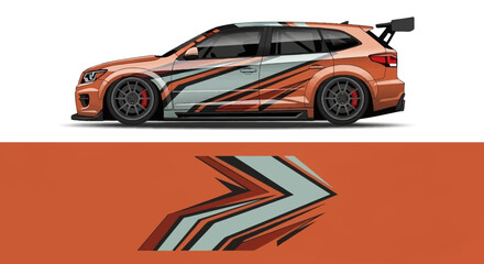 Fototapeta premium Orange race car with bold graphic stripes and aerodynamic design.