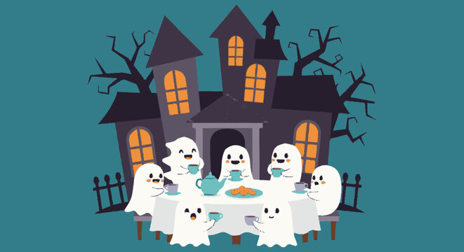 Cute ghosts having tea party near spooky haunted mansion