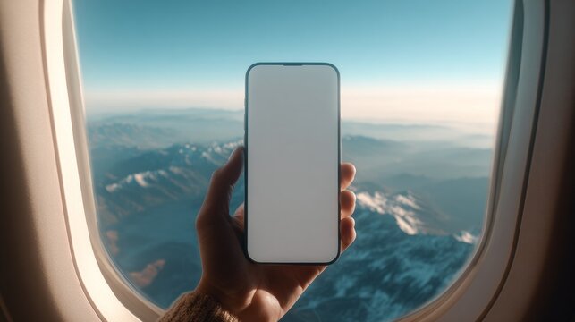 Hand holds phone near airplane window