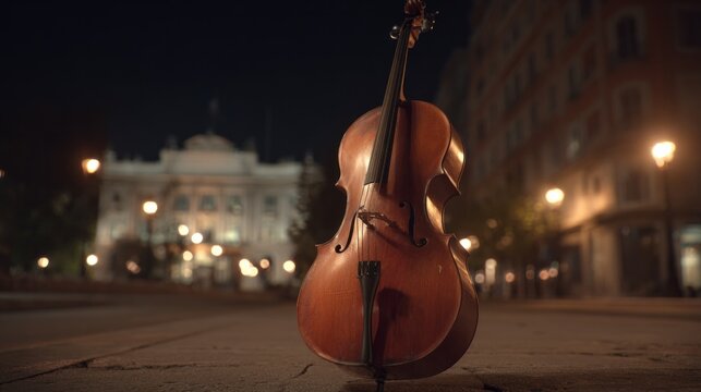 Cello stands alone on a quiet street at night