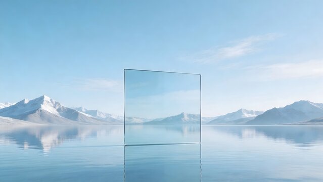 Glass panel in serene mountain lake