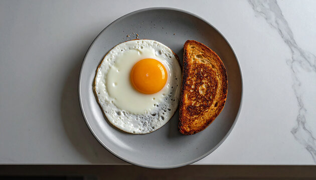 A plate of food with toast and a sunny-side-up egg on a table indoors