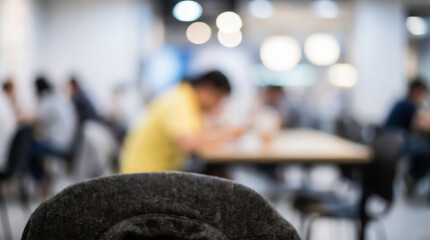 Fototapeta premium Blurred view of people sitting at tables in a modern office cafeteria or coworking space