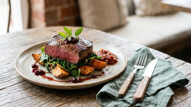 Gourmet kangaroo steak with sweet potato wedges and berry sauce. Australian national dish served on a rustic wooden table. Seared game meat. Copy space for text