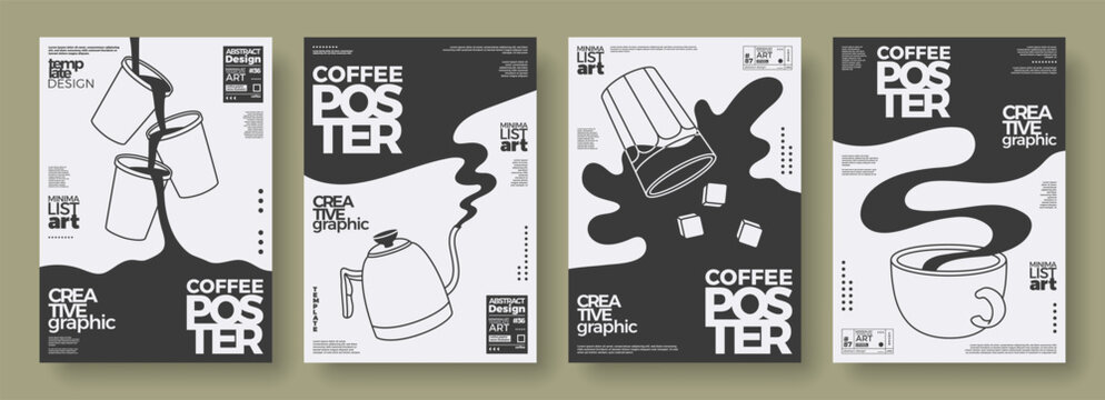 Coffee concept design. Outline posters set of paper cups, coffee pot, glass beaker, cup. Abstract templates with spilling, flowing coffee. Modern simple illustrations for wall art, cafe, coffee shop