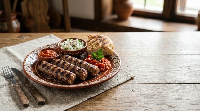 Bulgarian kebapche grilled meat rolls on a ceramic plate. Traditional Balkan meal with lyutenitsa and onions. Rustic food photography on wooden table