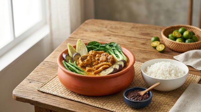 Traditional Filipino Kare-kare stew in a clay pot. Peanut sauce oxtail with vegetables and shrimp paste. National dish of the Philippines. Copy space for text