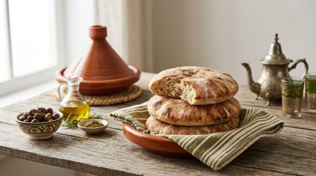 Stack of Moroccan khobz flatbread on a rustic wooden table. Traditional North African meal with tagine and mint tea. Homemade round bread in terracotta dish
