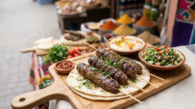 Grilled kefta meat skewers on flatbread with hummus and tabbouleh. Traditional Middle Eastern meal on wooden board. Mediterranean street food with spices in background