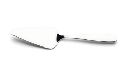 Fototapeta premium Polished stainless steel cake server with serrated edge and black handle isolated on white