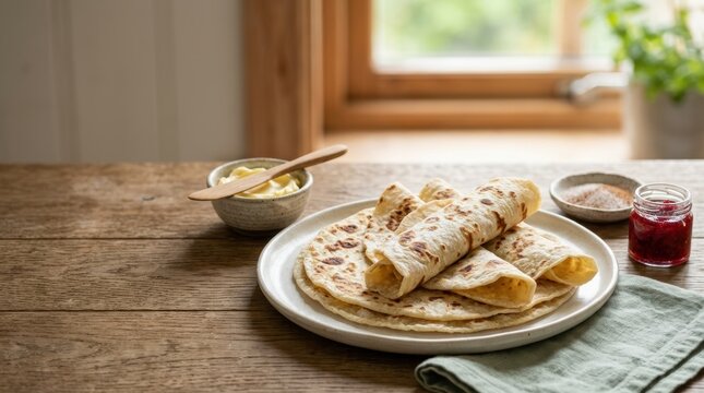 Traditional Norwegian lefse on a rustic wooden table. Rolled potato flatbread with butter and jam. Scandinavian national dish concept