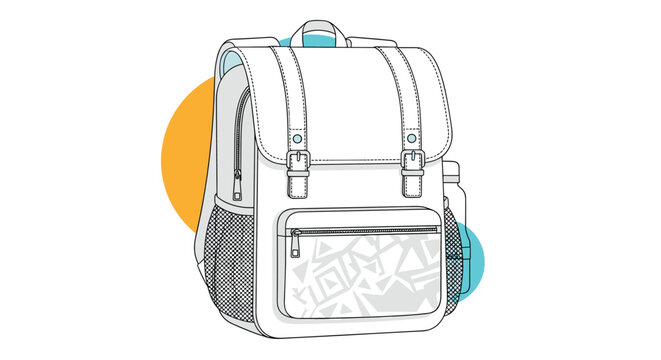 Detailed line art illustration of a classic school backpack with a geometric pattern on the front pocket and a water bottle.