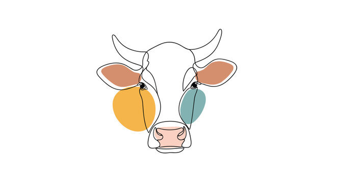 Minimalist line art drawing of a cow head with abstract colored shapes on a clean white background for a modern artistic look.