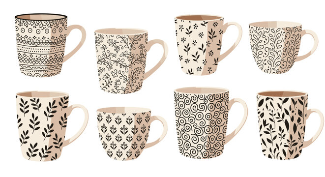 Collection of eight coffee mugs with intricate black and white botanical and geometric patterns on a beige background for design ideas.