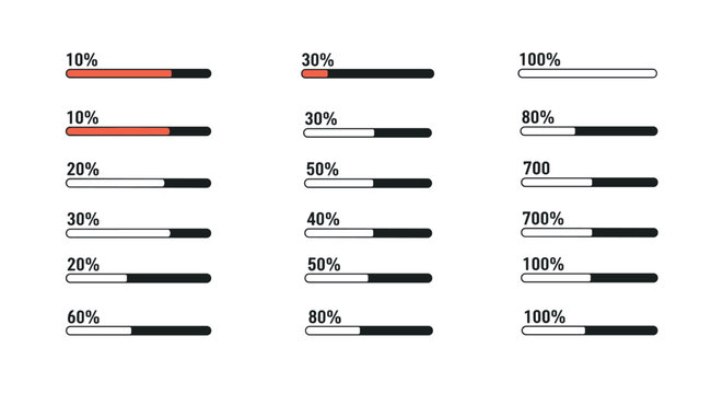 Set of various horizontal loading bars showing different percentages from ten to one hundred percent for website and app design.