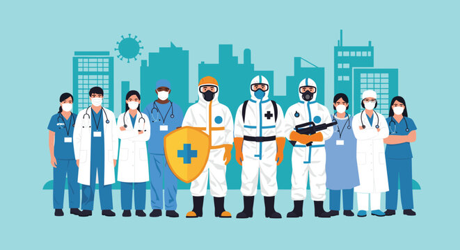 Brave medical professionals and frontline workers in protective suits and uniforms stand together against a city skyline.