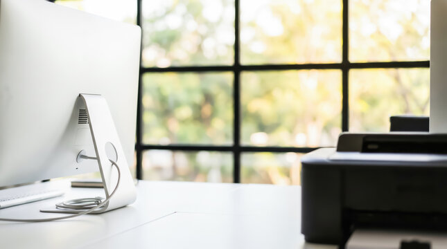 Modern office workspace with computer monitor and printer on white desk against window background