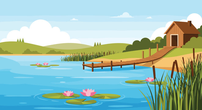 Peaceful landscape featuring a calm blue lake with pink water lilies a wooden pier and a rustic shack by the shore.