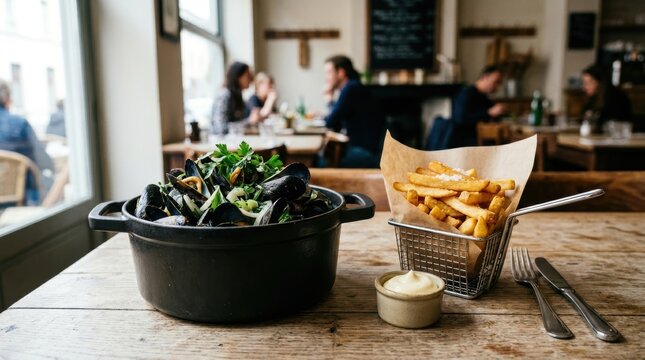 Traditional Belgian moules frites in a restaurant setting. Black pot of cooked mussels with french fries and mayonnaise on a wooden table