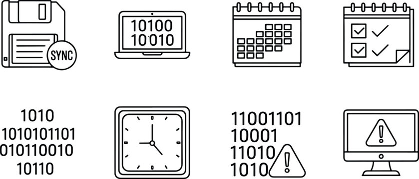 Digital data management technology icons featuring binary code storage floppy disk computer sync calendar clock and system warning error vector illustration