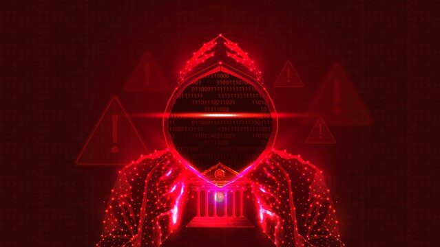 Futuristic digital art depicting a hooded figure with a red theme, symbolizing cyber security and technology challenges.
