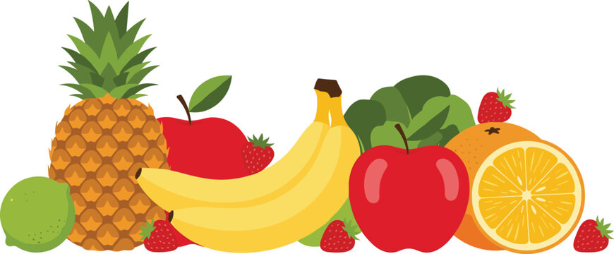 Fresh fruits composition with pineapple, banana, apple, orange and strawberries, healthy organic food vector illustration isolated