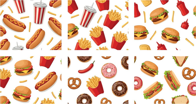 Fast food seamless pattern with burgers fries hotdogs donuts sandwiches and soda colorful vector illustration background design
