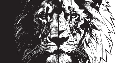 Geometric lion face, tribal feather design, black and white vector, animal illustration, abstract wildlife art © হরি চাঁদের চাঁদ