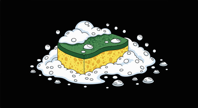 Yellow and green scrubby sponge covered in foamy suds and bubbles