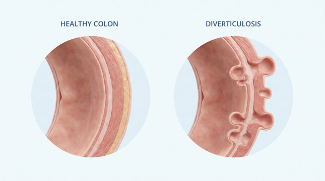 Diverticulosis vs Healthy Colon Bowel Disease Anatomy Illustration
