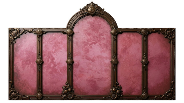 Massive dark bronze arched multi panel architectural frame with pink marbled texture isolated on white