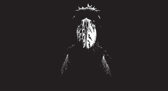 Grunge, distressed, crowned figure, black background, monochrome illustration