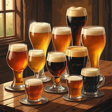 A set illustrations of beer in glasses