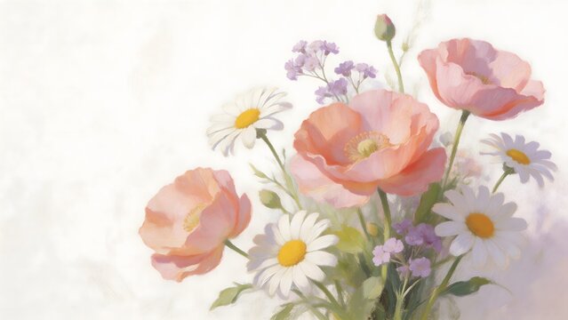 Painting of pink poppies and white daisies