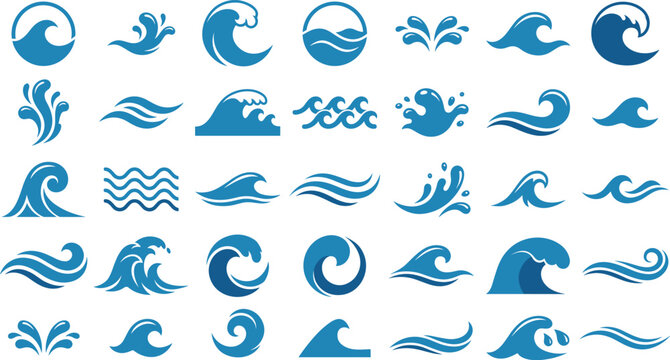 Set of blue sea wave icons and ocean water splashes symbols for surfing logo design, summer vacation branding, marine travel concepts, and aquatic nature illustrations.