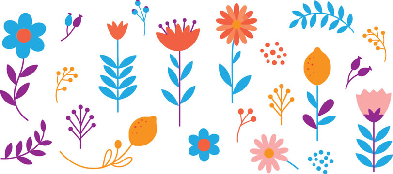 Seamless floral vector pattern featuring colorful summer flowers and green leaf elements for a nature inspired spring decoration or logo design