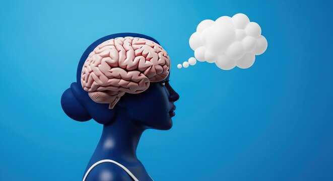Conceptual art human head with brain and thought cloud