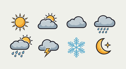 Fototapeta premium Weather icons sun, clouds, rain, lightning, snowflake, moon, and star